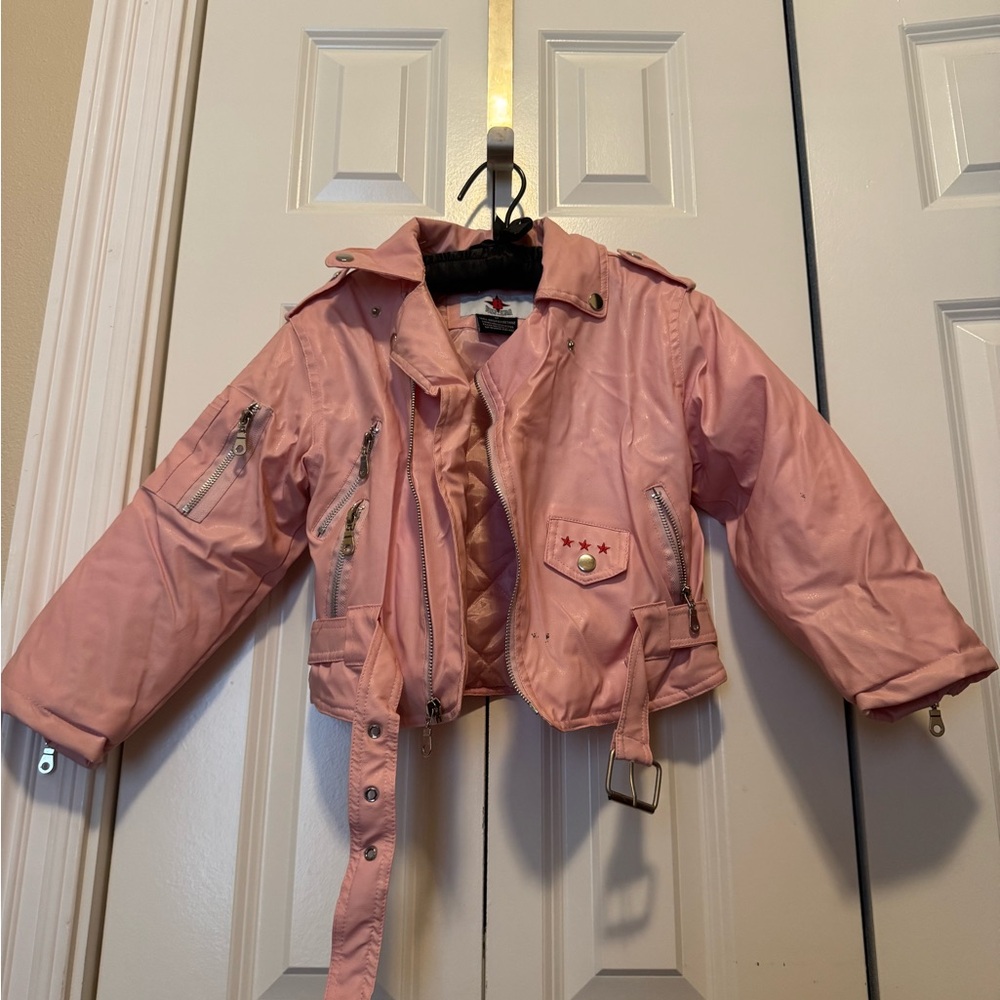 Bike Star Pink Faux Leather Moto Jacket 5T USA Eagle Belt Biker Coat - Picture 2 of 5